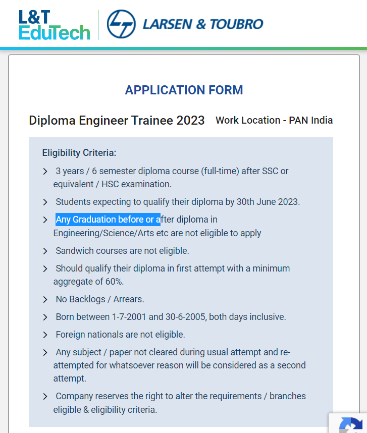 L T Recruitment 2023 Hiring Diploma Engineer Trainee Diploma