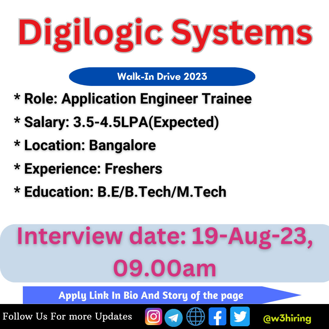 Digilogic Systems Walk In Drive 2023 Hiring Application Engineer