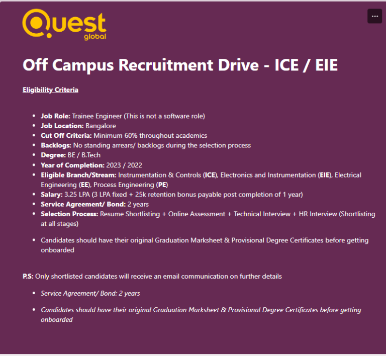 Quest Global Hiring Freshers 2024 For Trainee Engineer BE B Tech