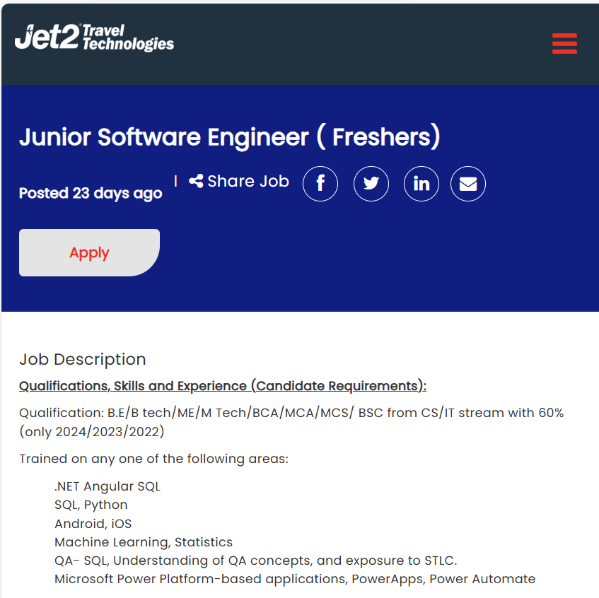 Jet Travel Technologies Off Campus Hiring Junior Software Engineer