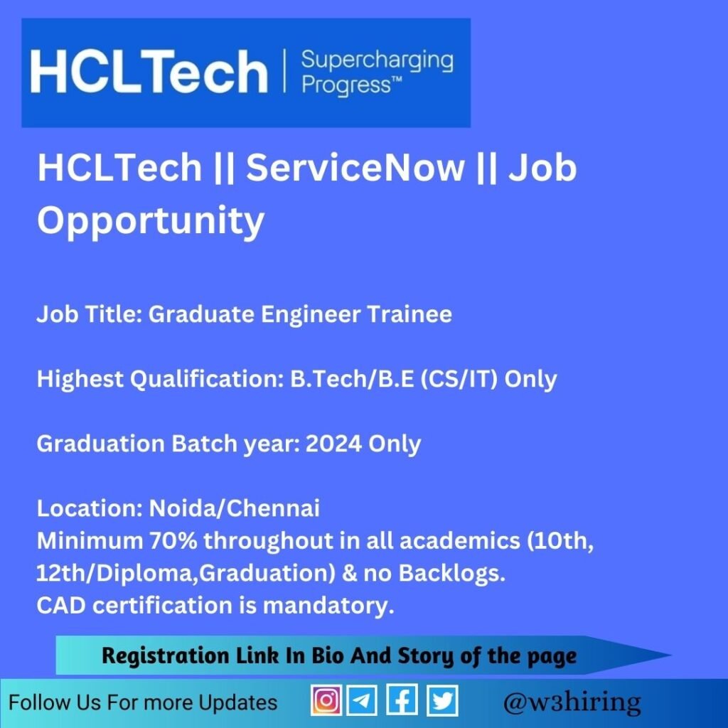 HCLTech Recruitment 2024 Hiring Graduate Engineer Trainee B Tech B E