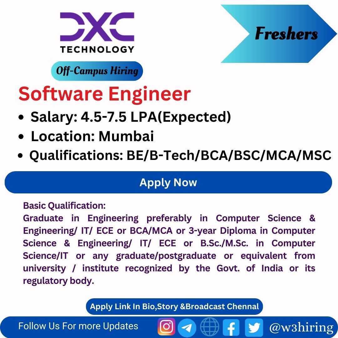 Dxc Recruitment Hiring Software Engineer Be B Tech Bca Bsc Mca