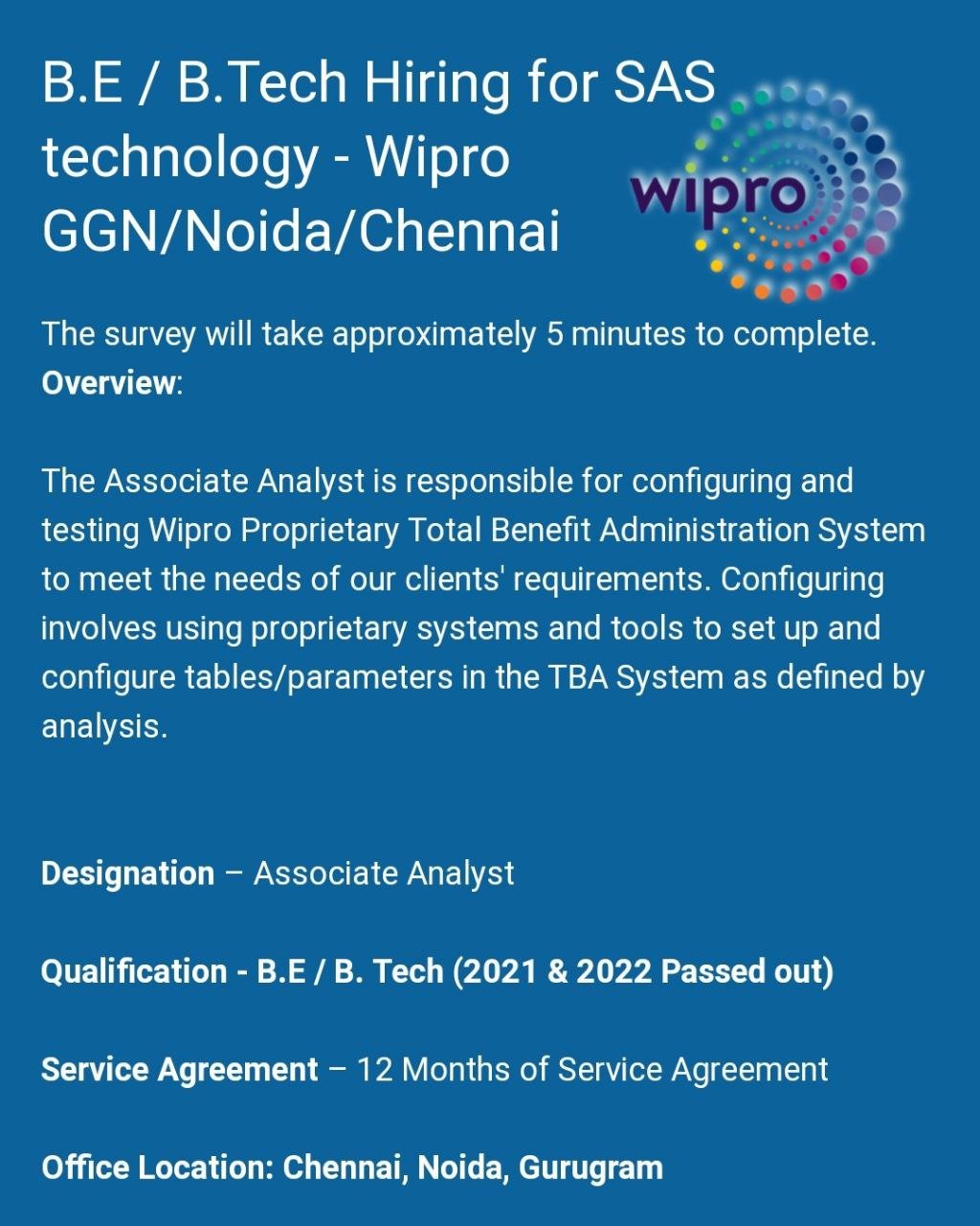 Wipro Mass Hiring for Associate Analyst BE, BTech, MCA Chennai