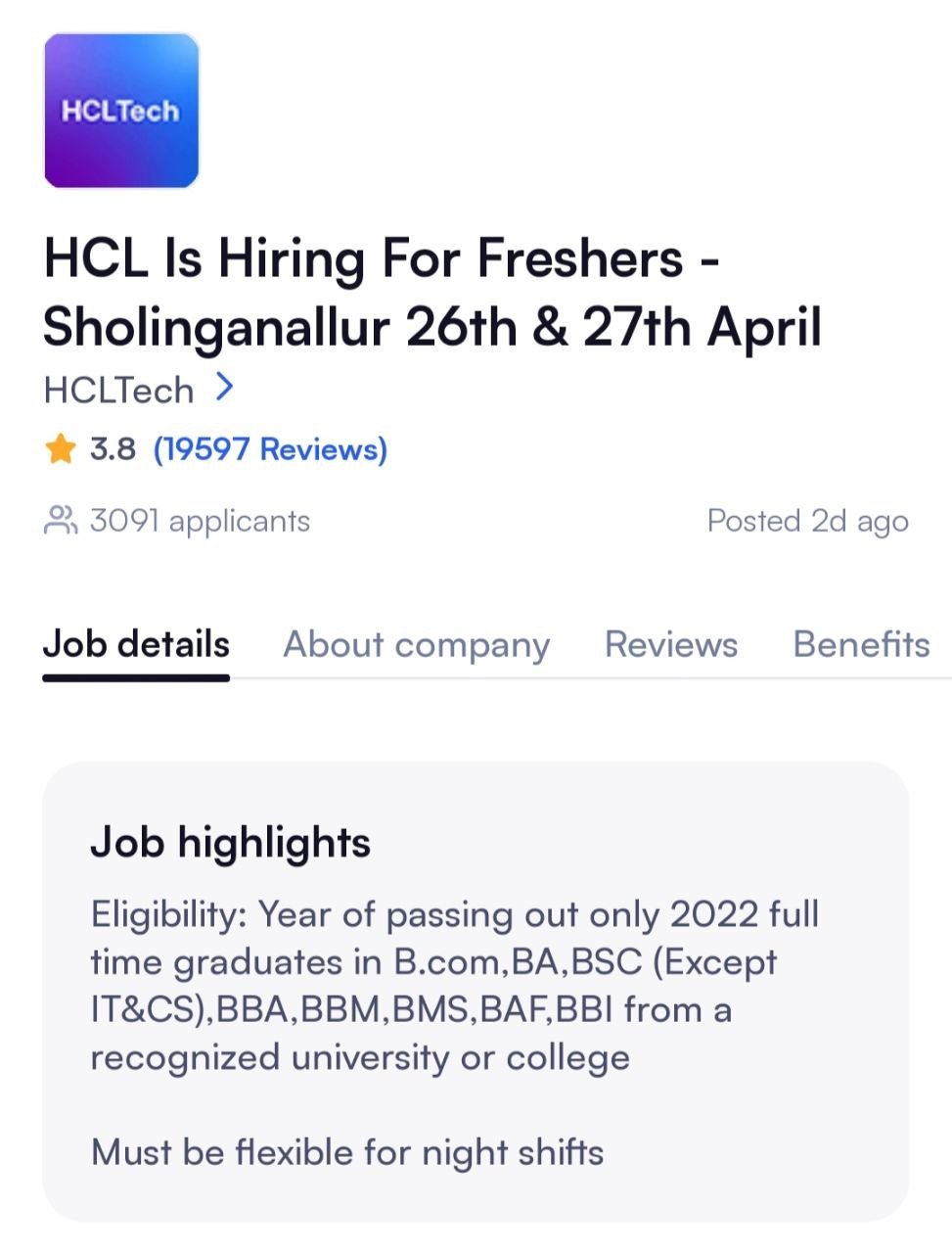 Hcl Walk In Hiring For Freshers Sholinganallur 26th And 27th April Any Degree W3hiring 5573