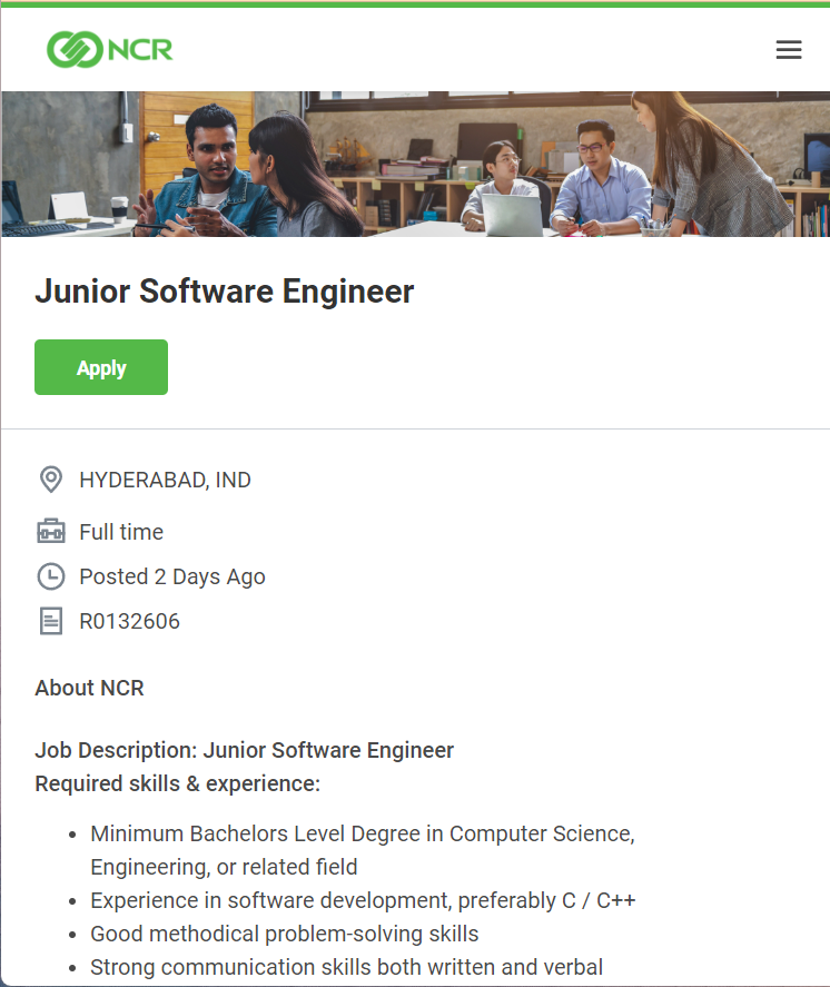 NCR Hiring freshers