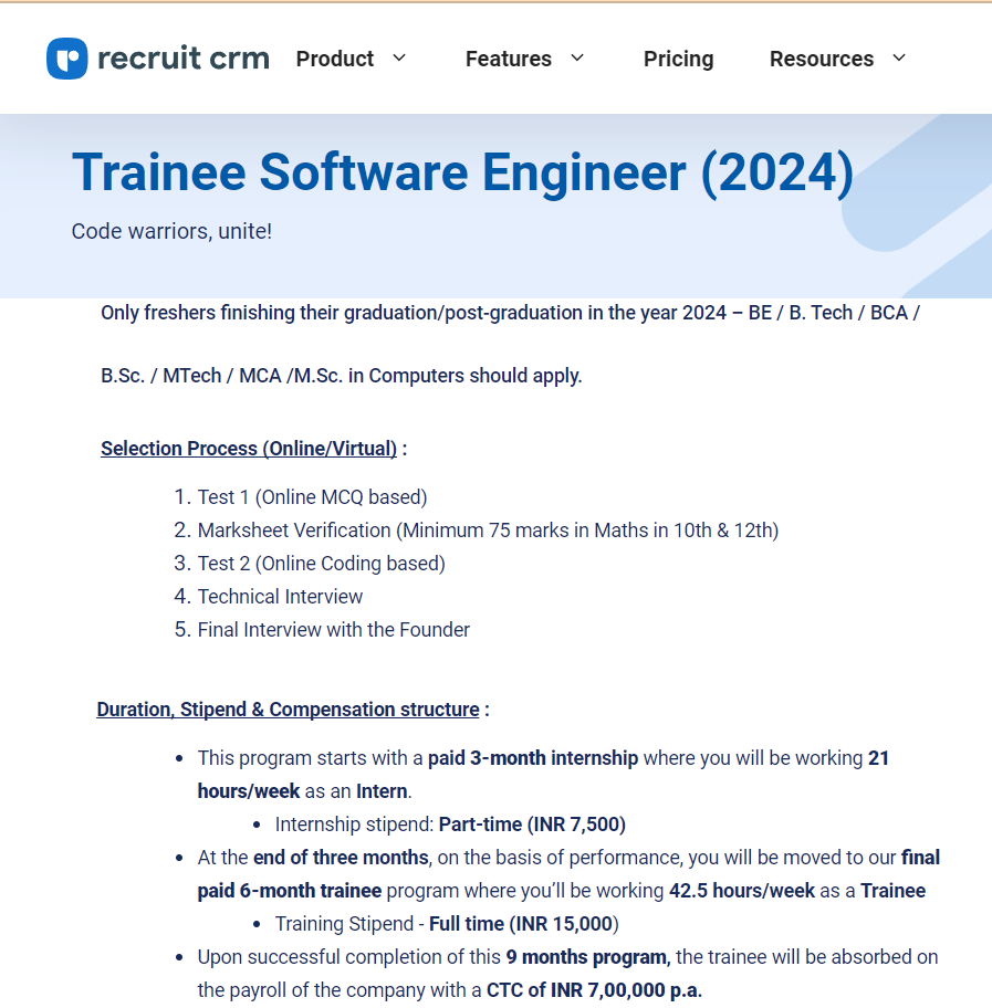 Only freshers finishing their graduation/post-graduation in the year 2024 – BE / B. Tech / BCA / B.Sc. / MTech / MCA /M.Sc. in Computers should apply.