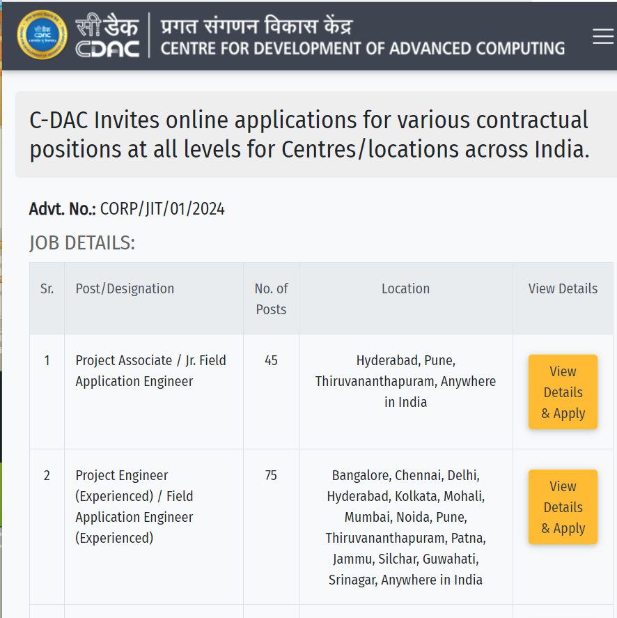 CDAC Recruitment 2024 Hiring Project Engineer BE/BTech/ME/MTech/MCA