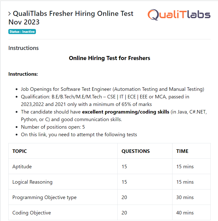 QualiTlabs Fresher Hiring Online Test Nov 2023
