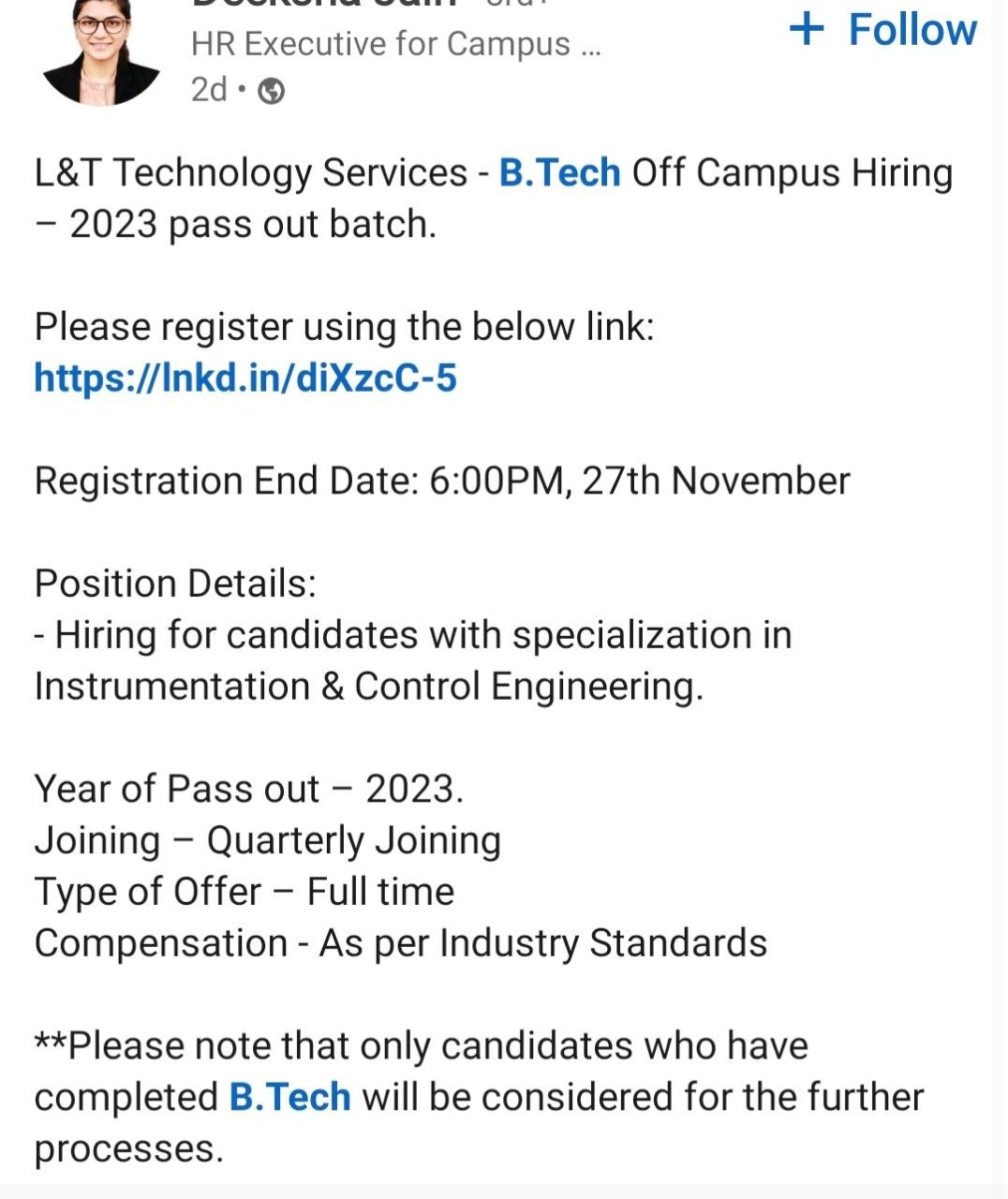 L&T Technology is hiring 2023