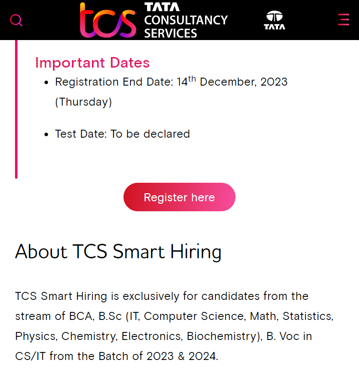 TCS Smart Hiring 2023 For Graduate Engineer Trainee BCA/BSc/B.Voc