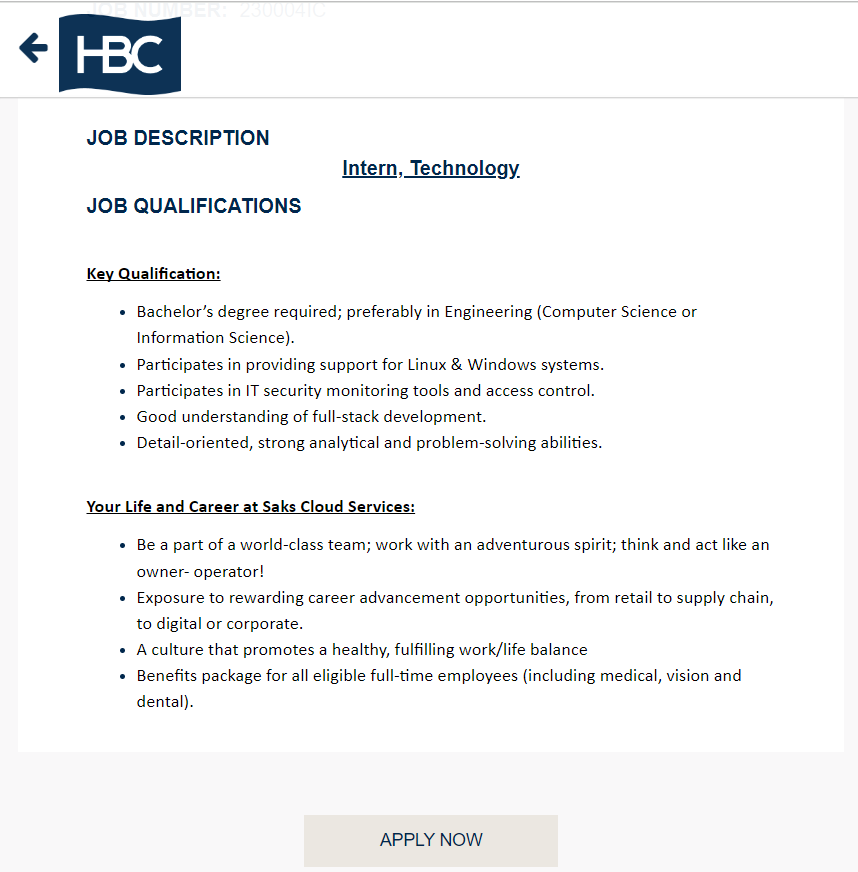HBC Recruitment 2023 Hiring Technology Intern