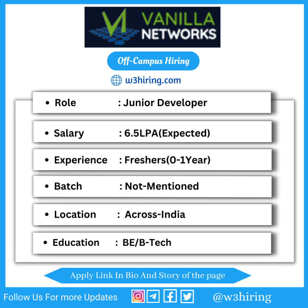 Vanilla networks off campus drive 2024 hiring junior node js developer