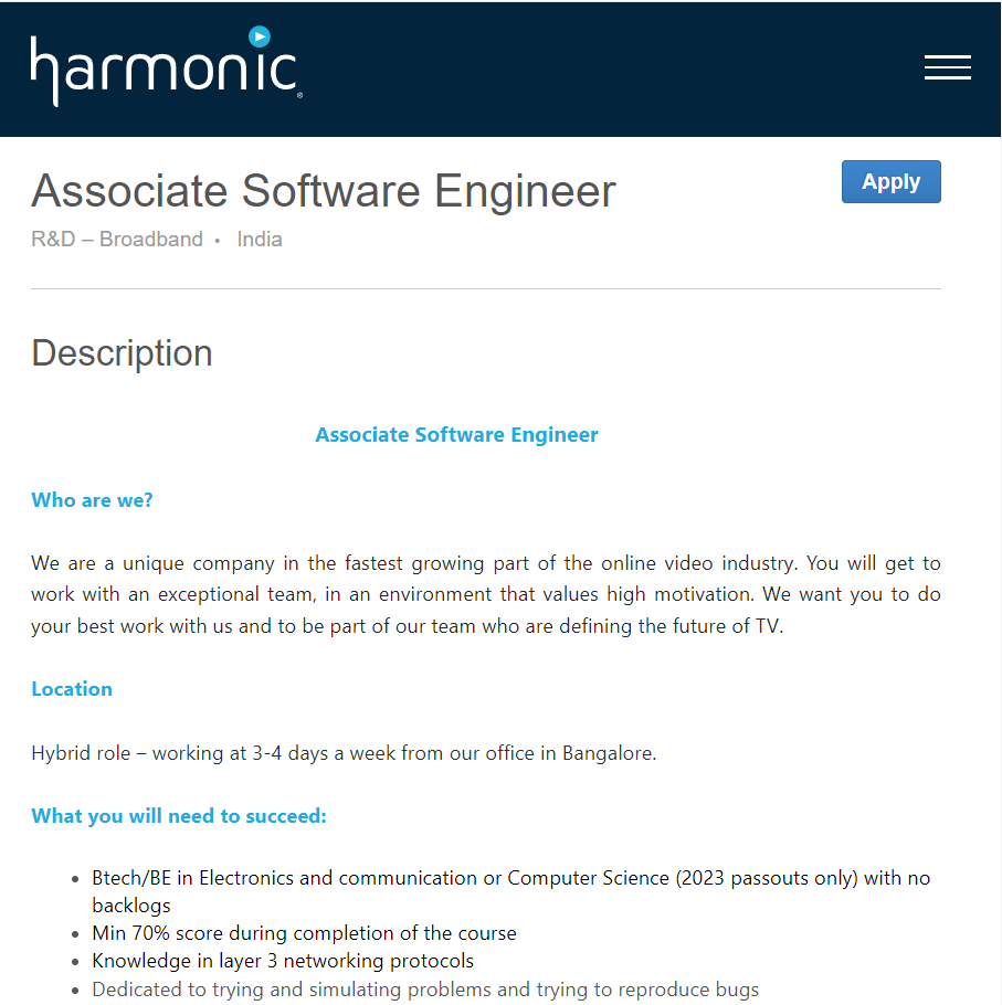 Harmonic Off-Campus Drive 2024 Hiring Associate Software Engineer -| BE/B-Tech