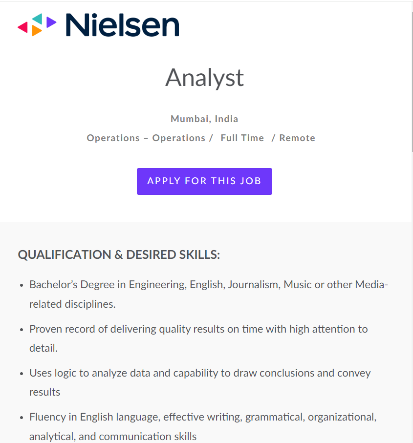 Nielsen Off-Campus Drive 2024 Hiring Analyst -| Bachelor's Degree