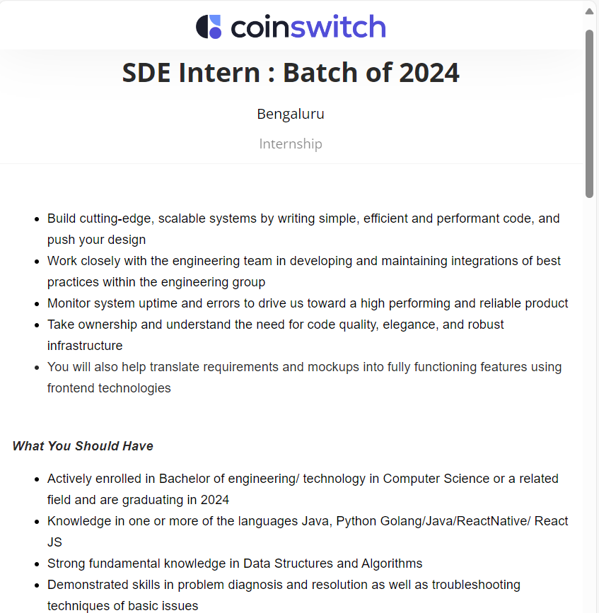 Coinswitch Mass hiring for Intern 2024