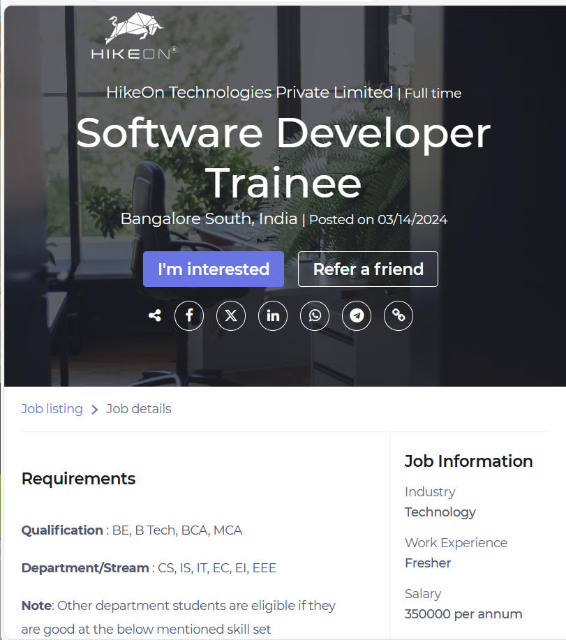 HikeOn Off-Campus Drive 2024 Hiring Software Developer Trainee-| Bachelor's Degree