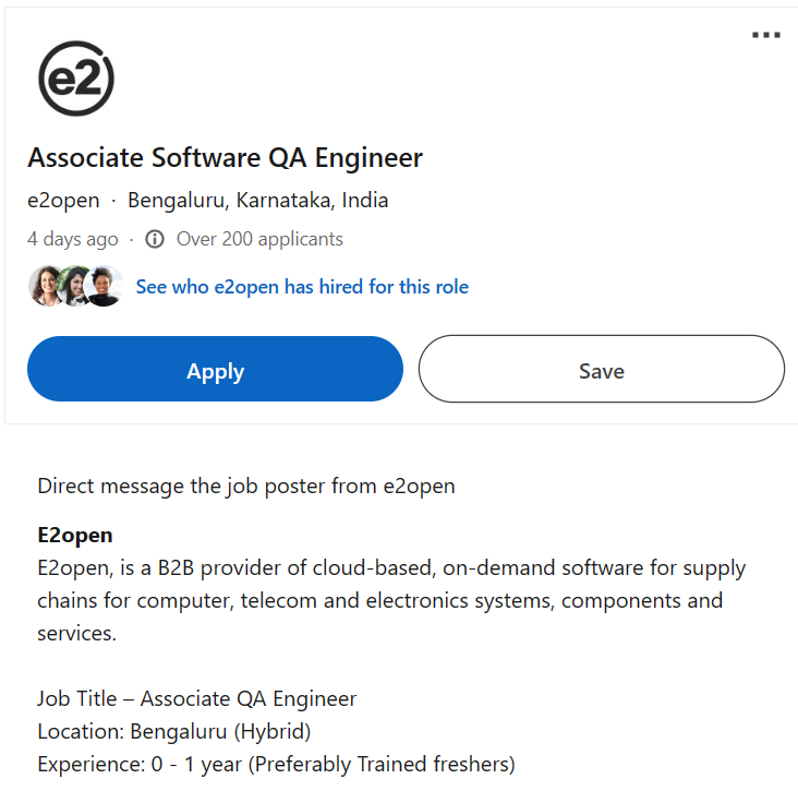 E2Open Off-Campus Drive 2024 Hiring Associate Software QA Engineer -| Bachelor's Degree