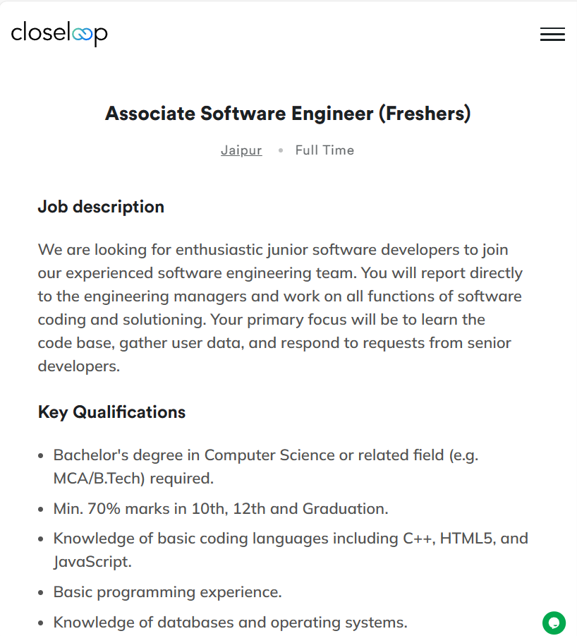 Closeloop Off-Campus Drive 2024 Hiring Associate Software Engineer -| Bachelor's Degree