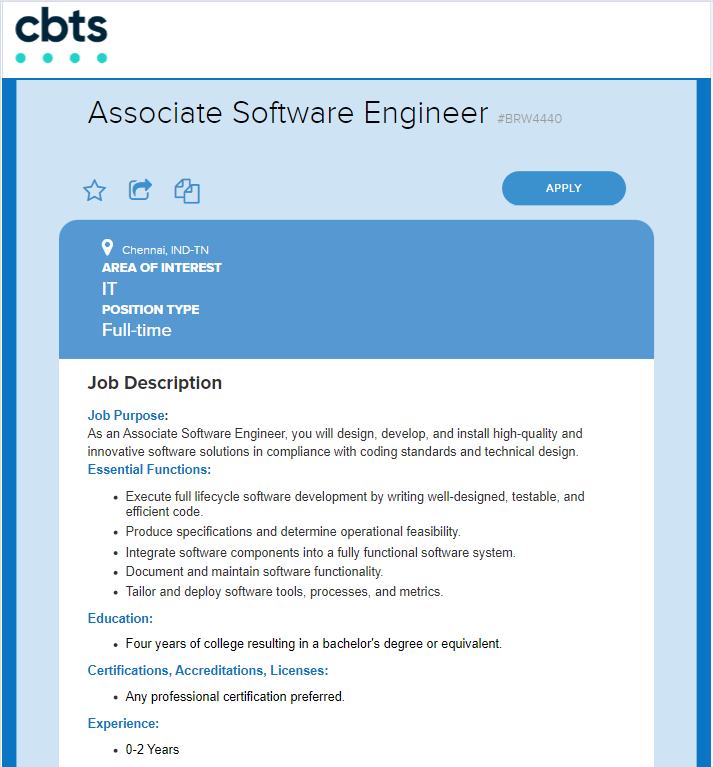 CBTS Off-Campus Drive 2024 Hiring Associate Software Engineer