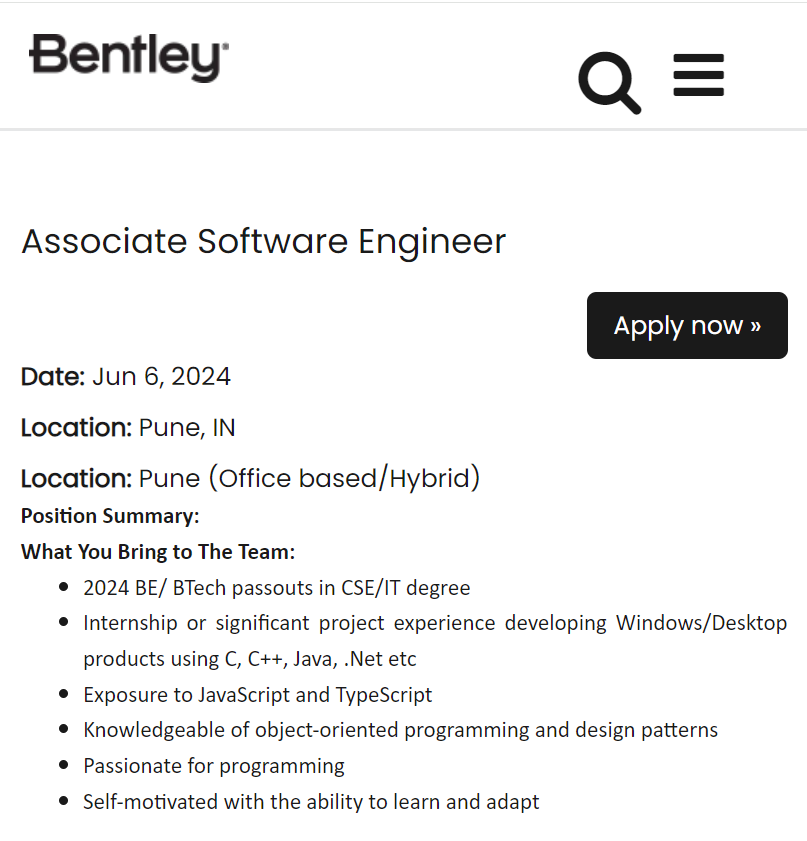 Bentley Off-Campus Drive 2024 Hiring Associate Software Engineer