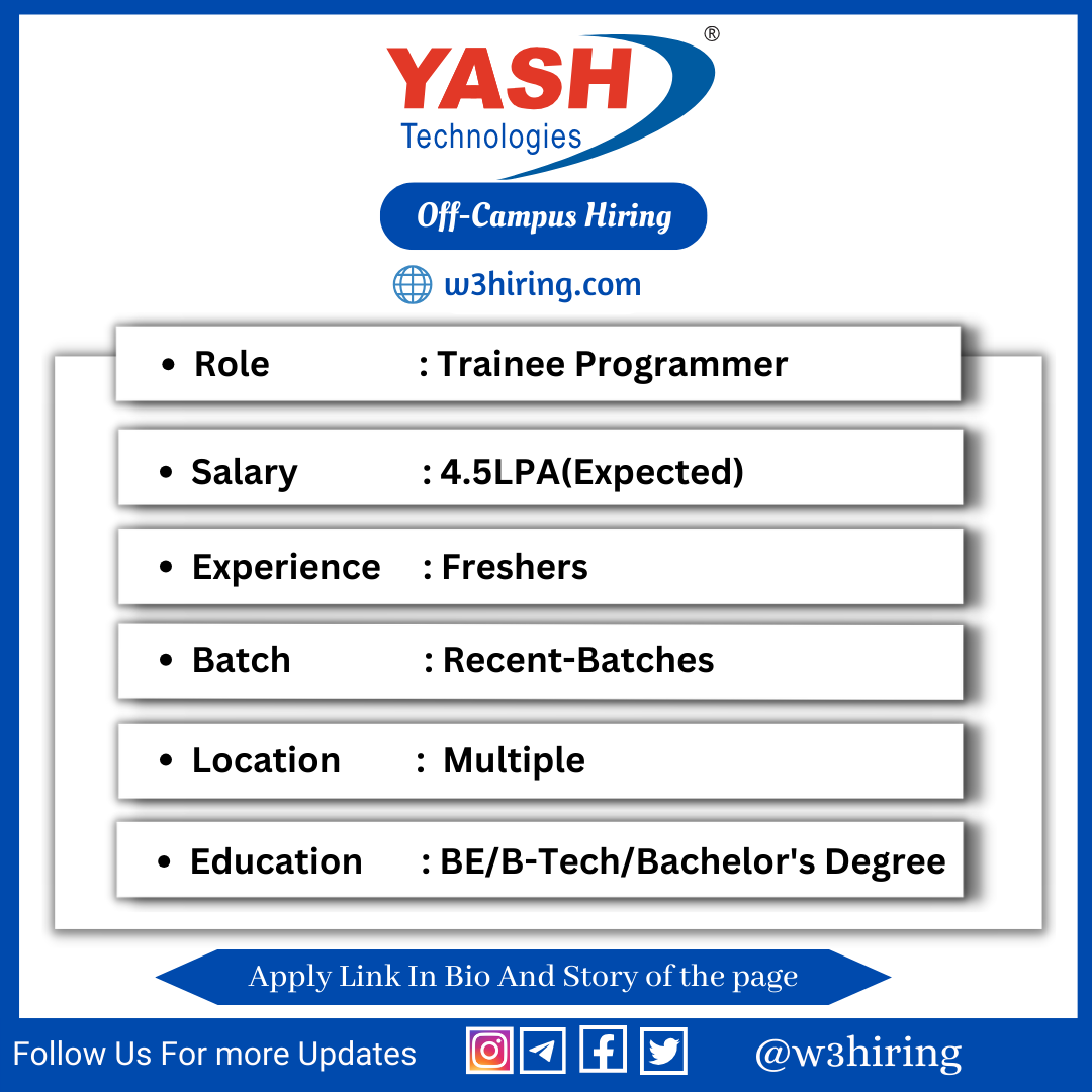 Yash Technology Off-Campus Drive 2024 Hiring Trainee Programmer ...