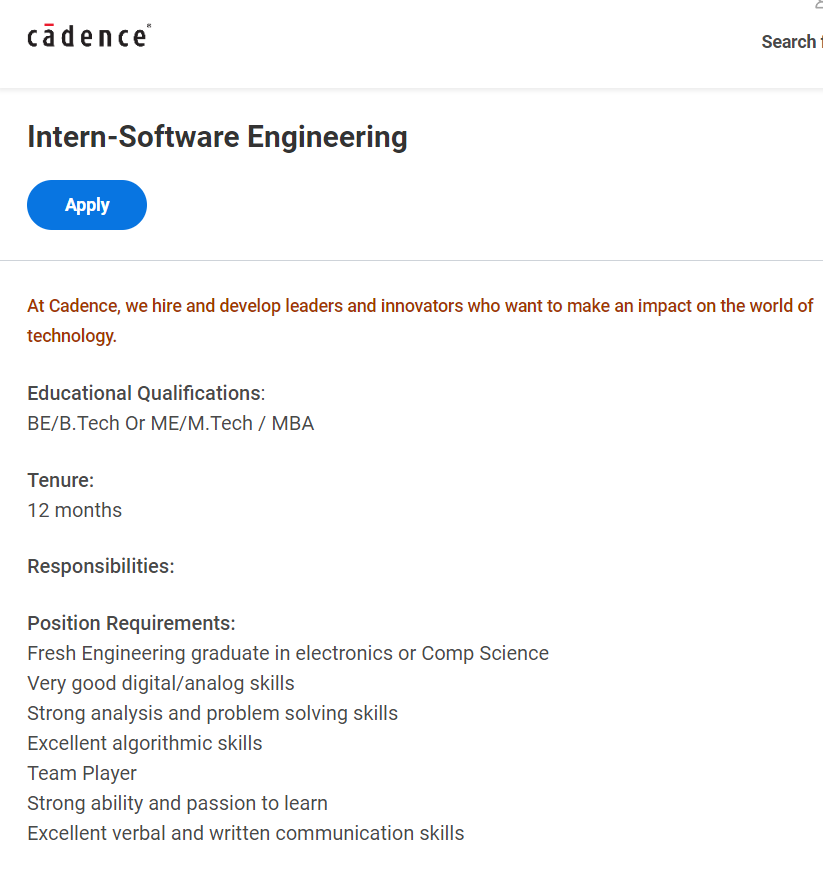 Cadence Jobs 2024 Hiring Intern Software Engineering Bachelors Degree Apply Today W3hiring 9231