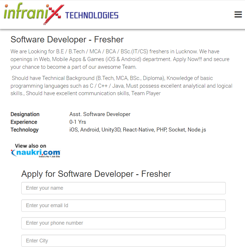 Infrani Technologies Jobs 2024 Hiring Software Developer - Fresher- Bachelor's Degree: Apply Today