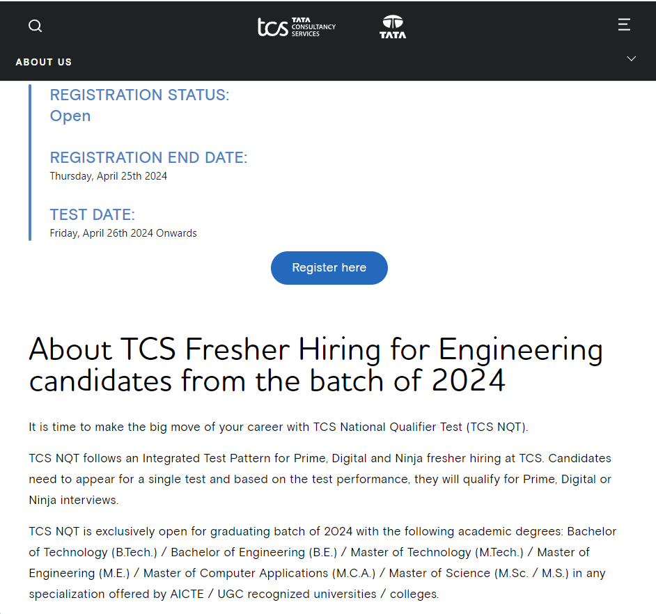 TCS Jobs 2024 Hiring Graduate Engineer- BE/B-Tech/ME/M-Tech/MCA/MSC/MS: Apply Today