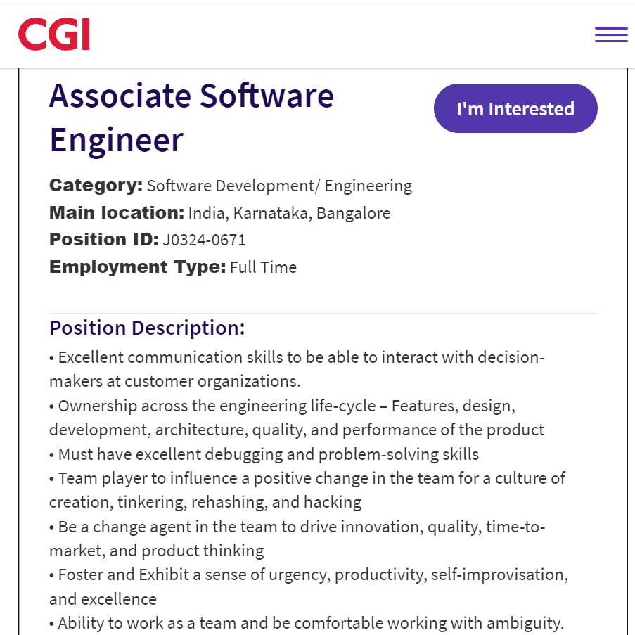 CGI Jobs 2024 Hiring Associate Software Engineer