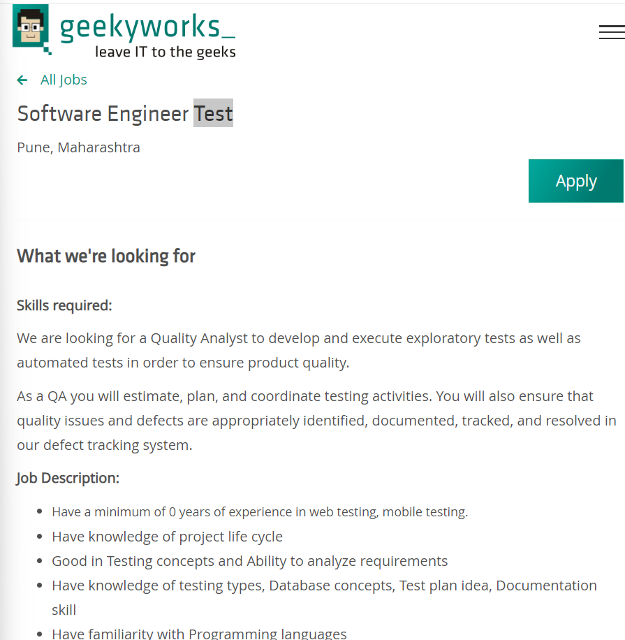Geekyworks Jobs 2024 Hiring Software Engineer Test
