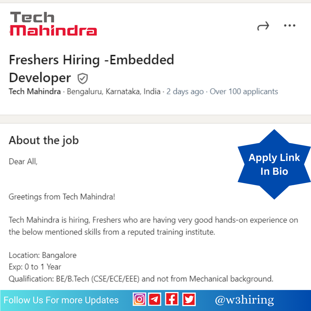 Tech Mahindra Jobs 2024 Hiring - Embedded Developer | BE/B-Tech: Apply Today