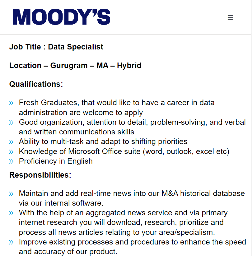 Moody's Jobs 2024 Hiring Data Specialist - Fresh