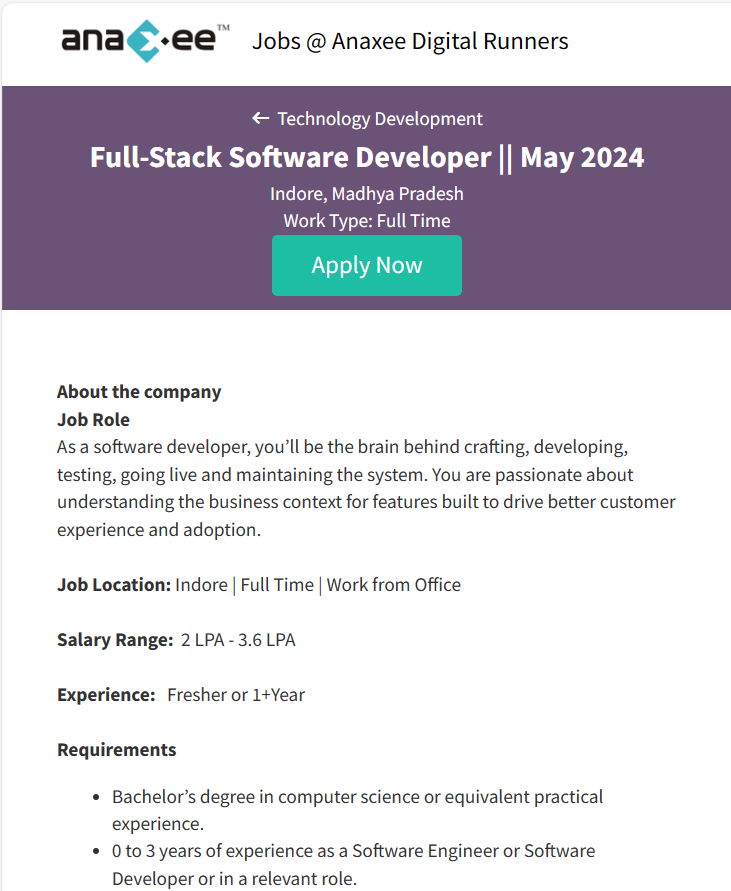 Anaxee Jobs 2024 Hiring Full-Stack Software Developer