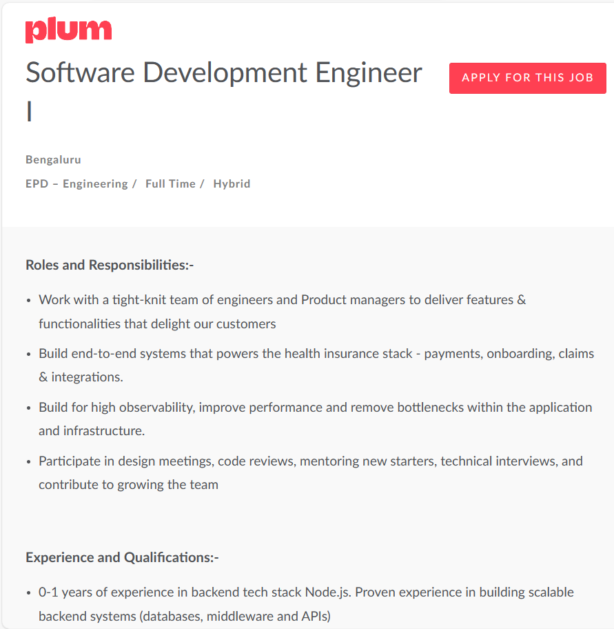 Plum Jobs 2024 Hiring Software Development Engineer- Bachelor's Degree: Apply Today
