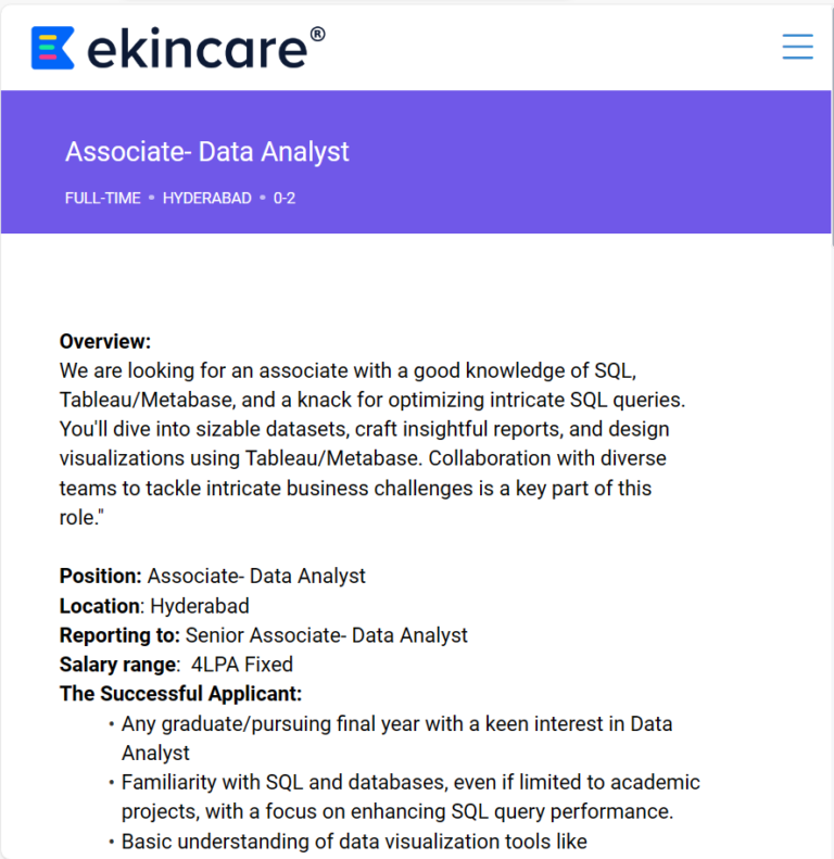 Ekincare Jobs 2024 Hiring Associate- Data Analyst- Bachelor's Degree ...