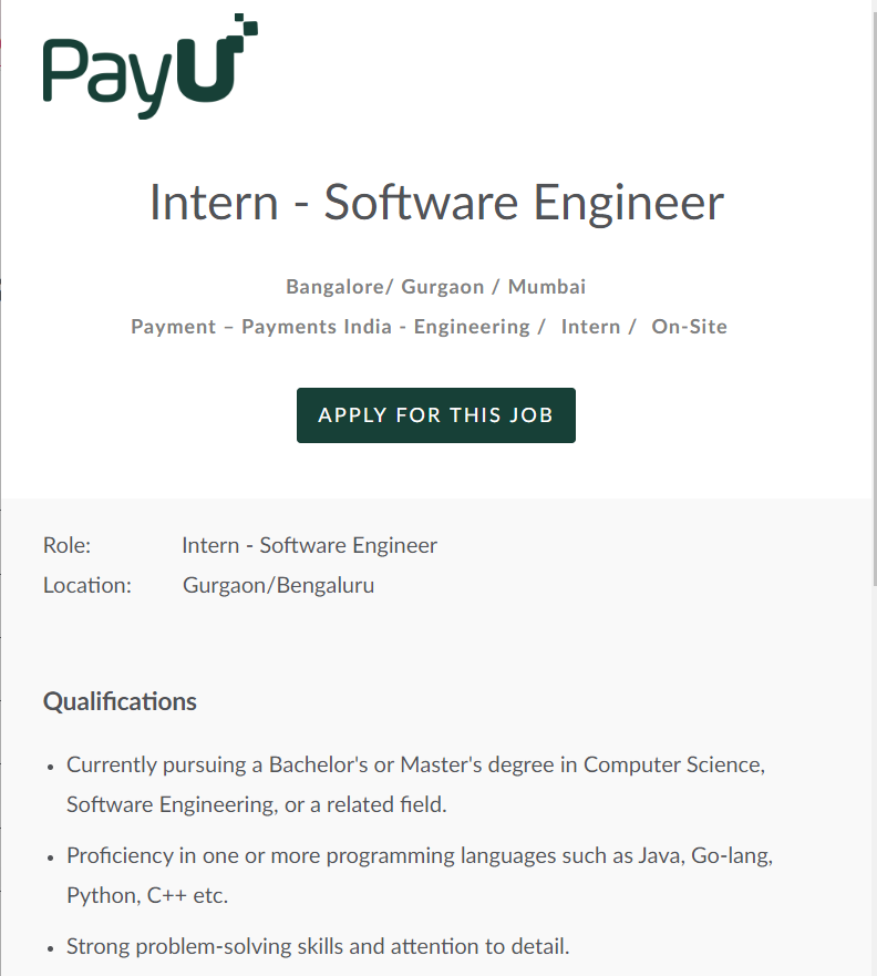 PayU Recruitment 2024 Hiring Intern Software Engineer