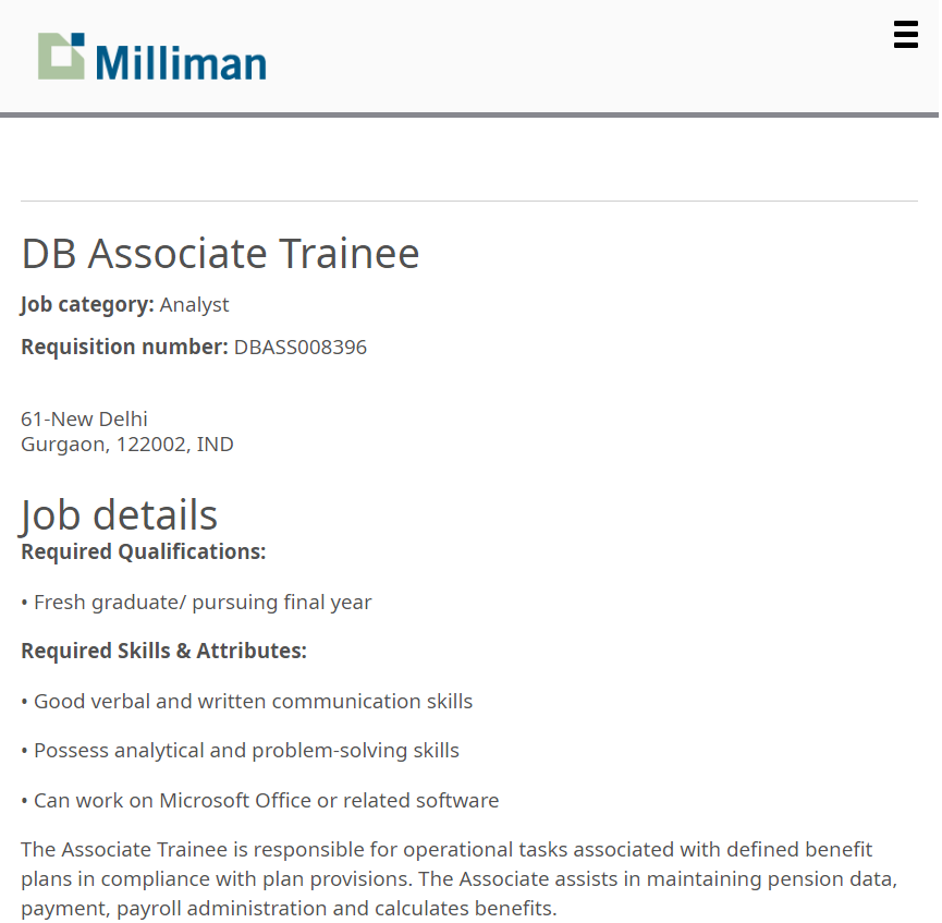 Milliman Mass Hiring 2024 for DB Associate Trainee