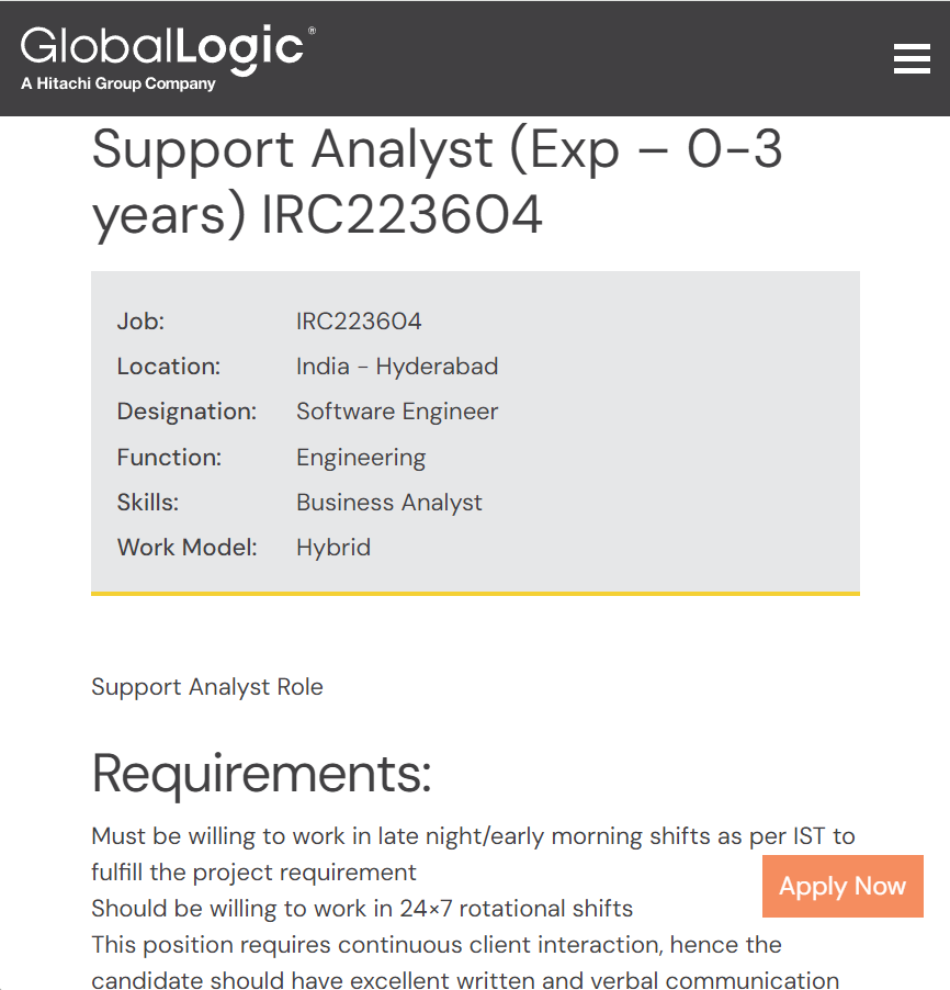 GlobalLogic Mass Hiring 2024 For Support Analyst