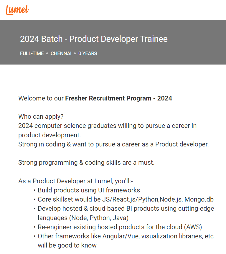 Lumel Jobs 2024 Hiring Product Developer Trainee- BE/B-Tech