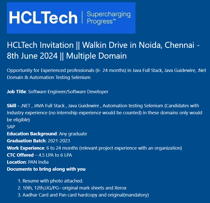 Hcl Walk In Drive 2024 Hiring Software Engineerdeveloper Any Graduate 6444