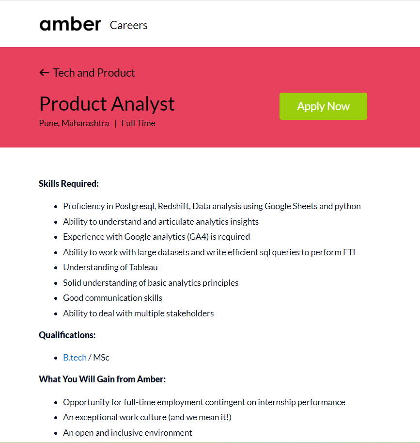 Amber Recruitment 2024 Hiring Product Analyst- B-Tech/MSC