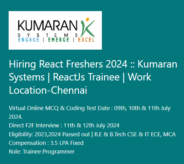 Kumaran Recruitment 2024 Hiring Trainee Programmer- BE/B-Tech/MCA