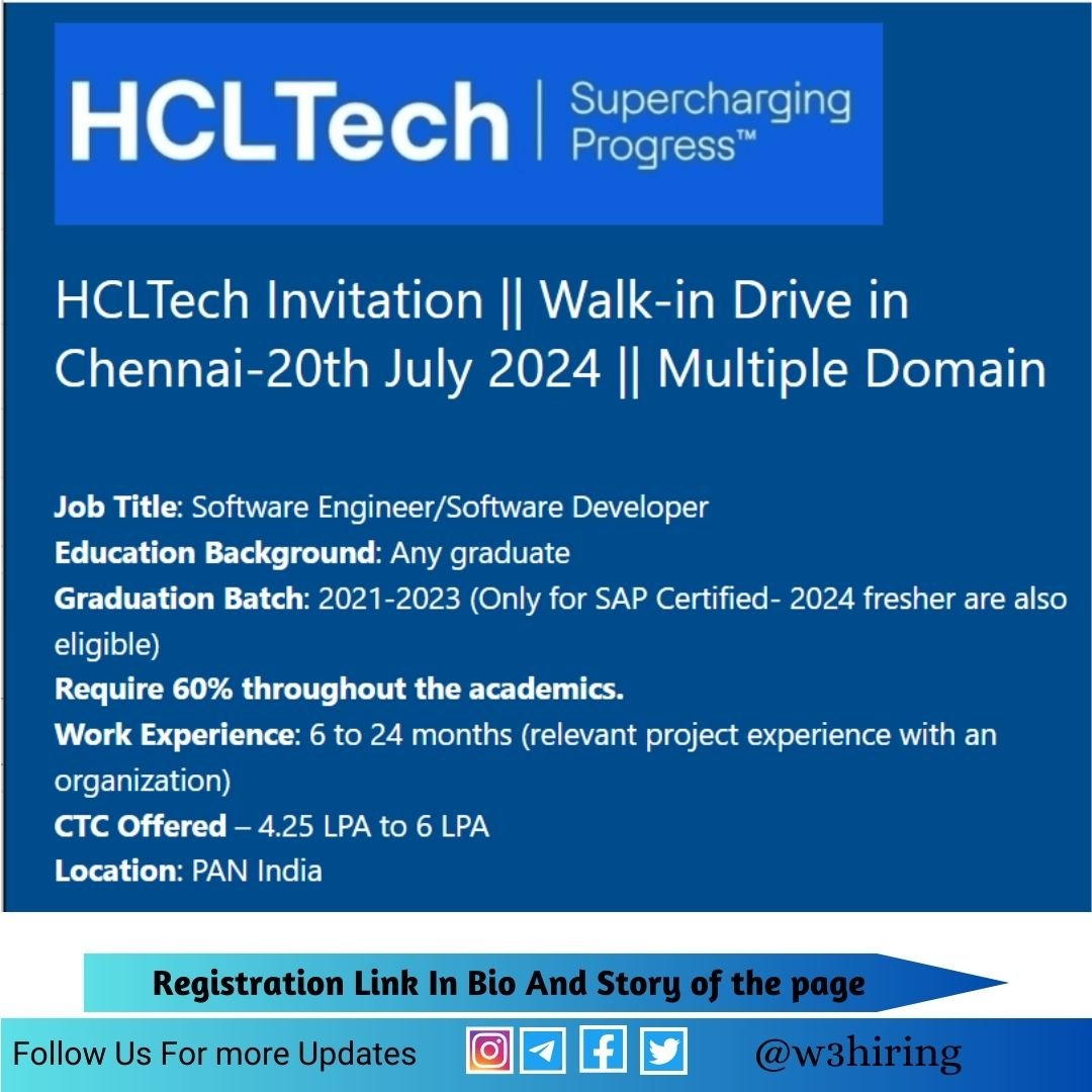 Hcl Walk In Drive 2024 Hiring Software Engineerdeveloper Any Graduate W3hiring 7997