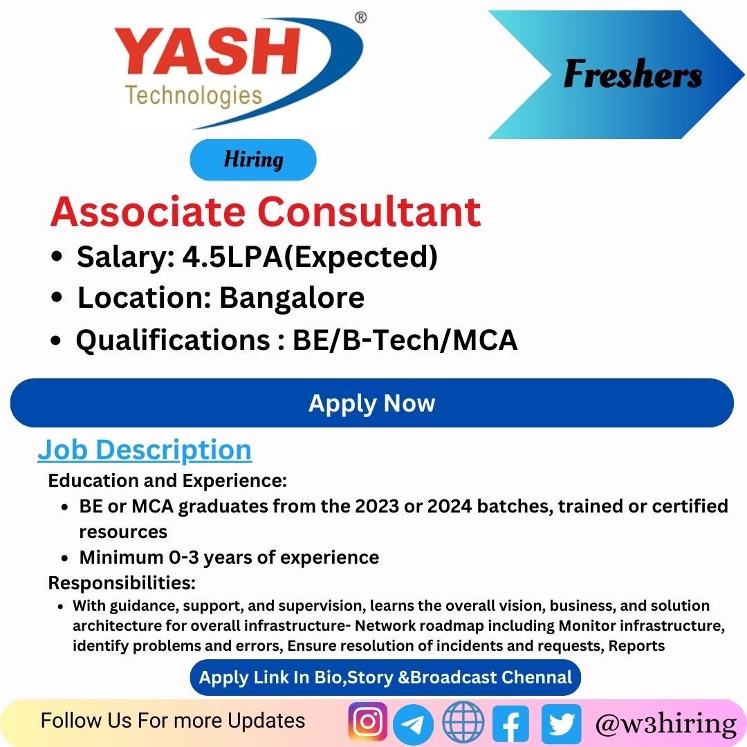 Yash Recruitment 2024 Hiring Associate Consultant BE/BTech/MCA W3Hiring