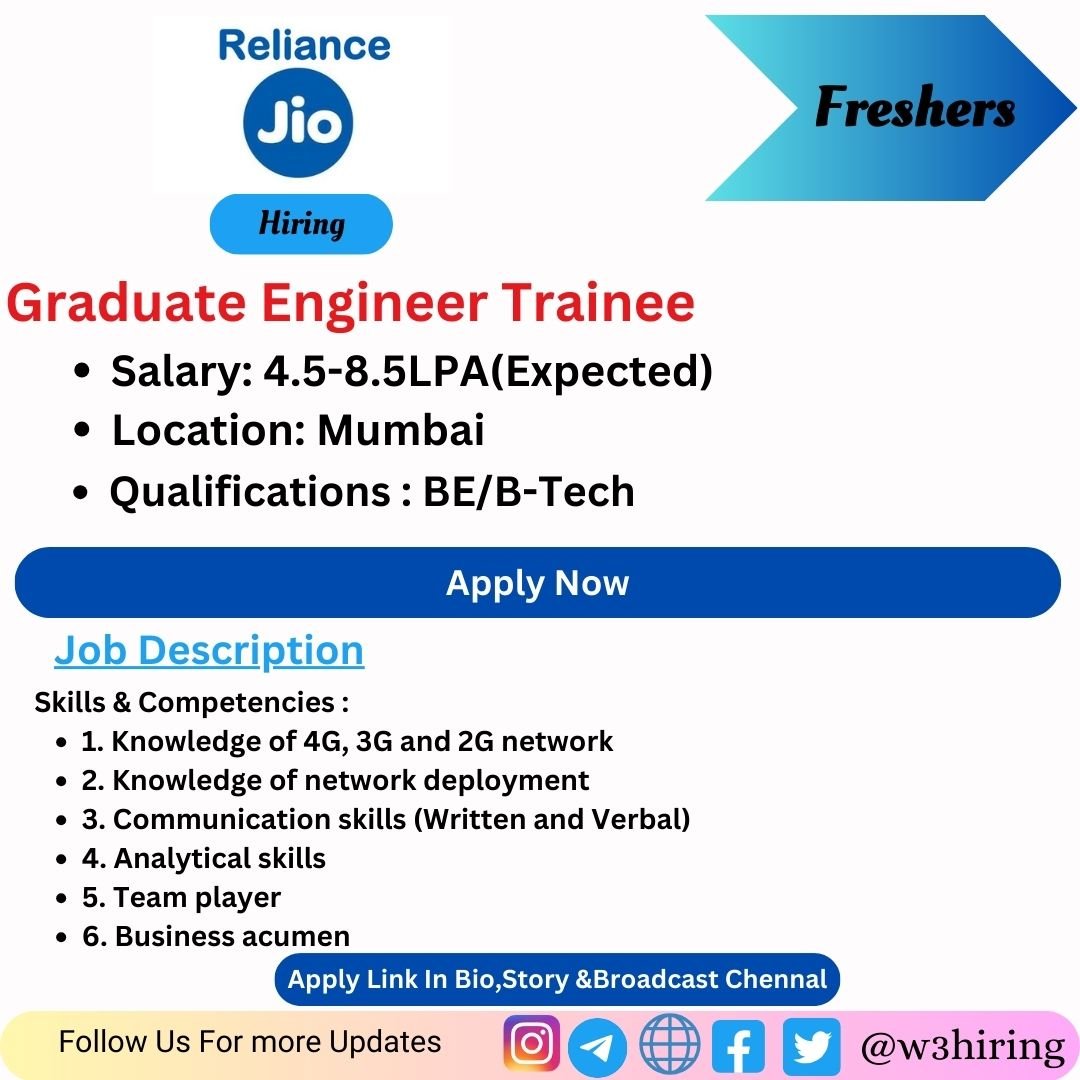 Reliance-Jio Off Campus Drive 2024 Hiring Graduate Engineer Trainee- BE/B-Tech