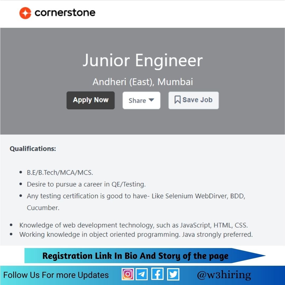 Cornerstone Hiring 2024 For Junior Engineer BE/BTech/MCA W3Hiring