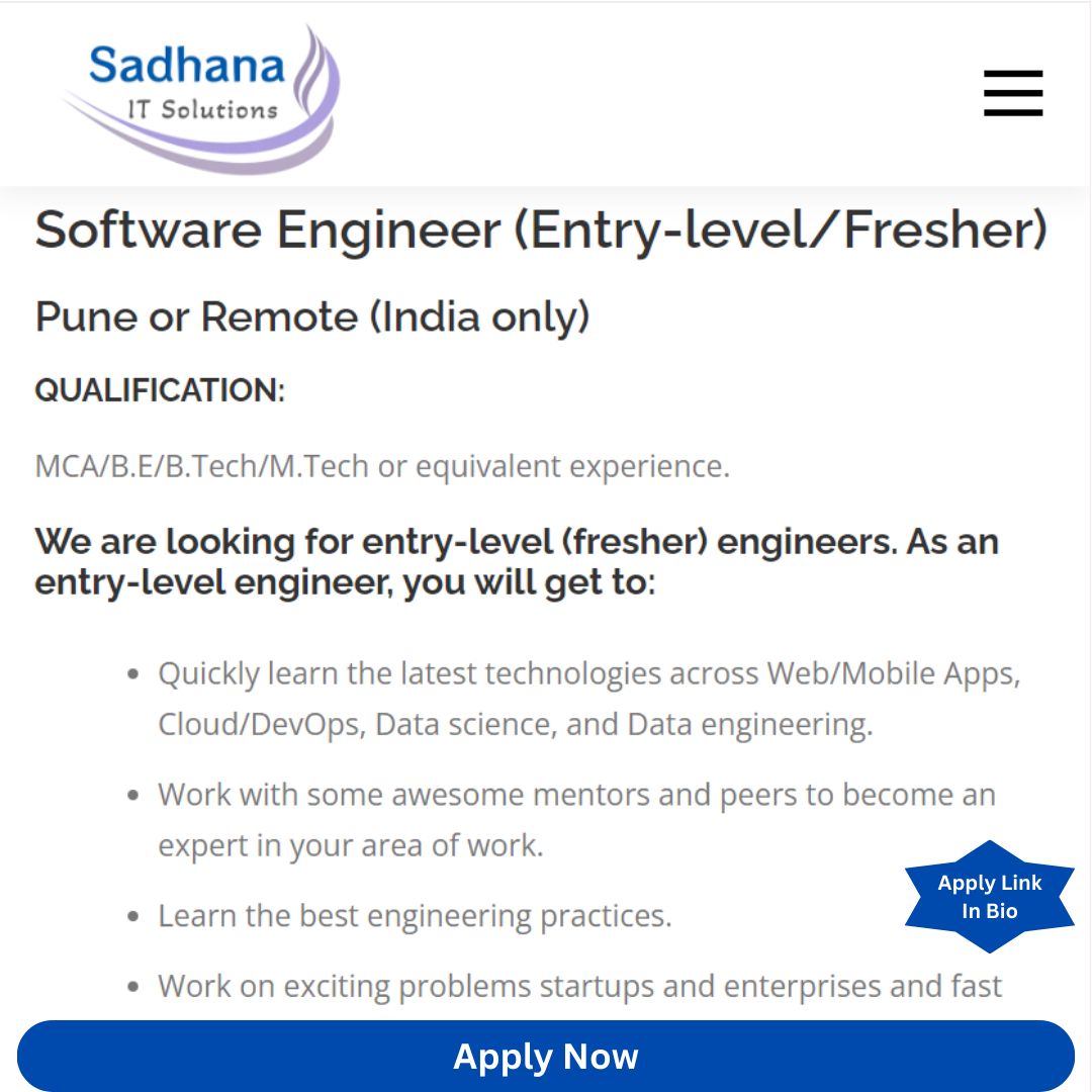 Sadhana IT Solution Recruitment 2024