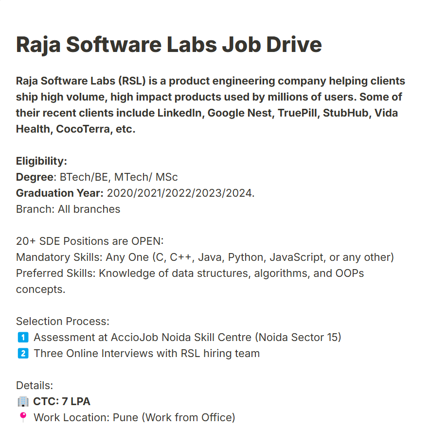 Raja Software Walk-In Drive 2024 Hiring Software Development Engineer- BTech/BE, MTech/ MSc