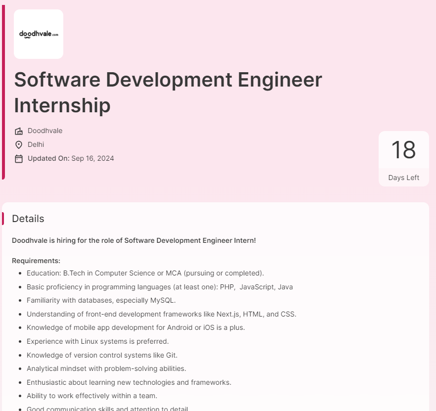 Doodhvale Off-Campus Drive 2024 Hiring Software Development Engineer Internship