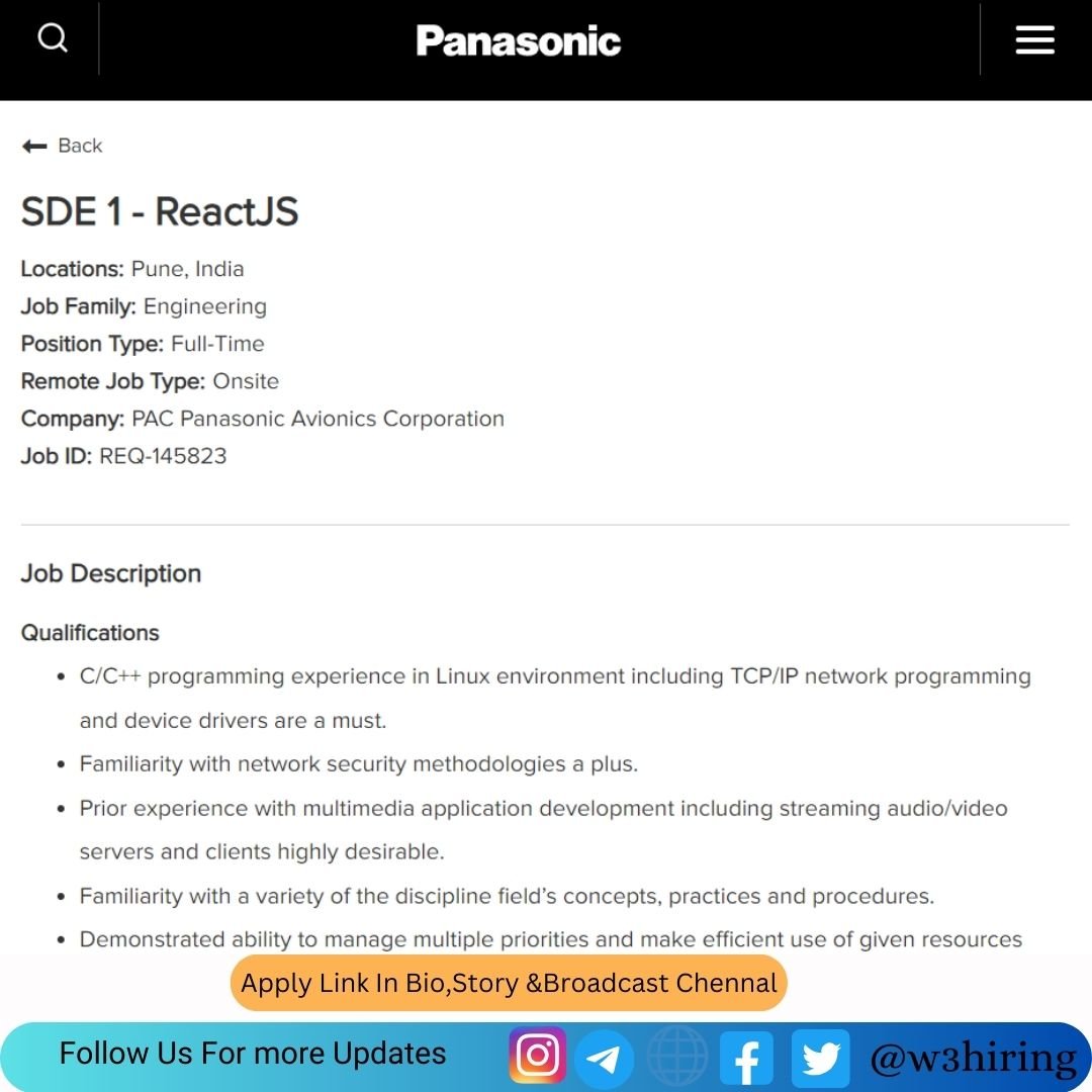 Panasonic Recruitment 2024 Hiring Software Development Engineer-ReactJS | Bachelor's Degree